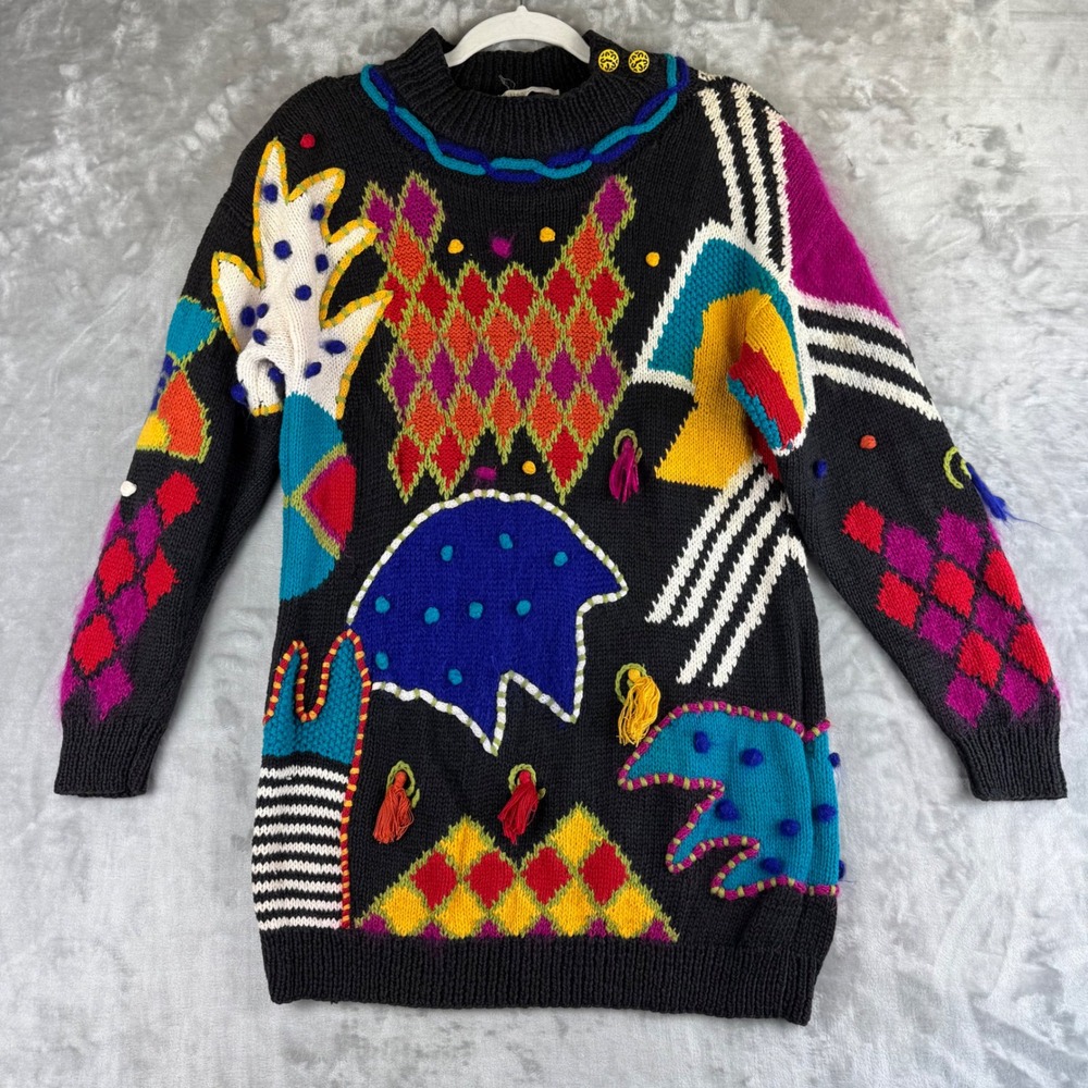 Jennifer Reed Knitted By Hand Sweater Abstract Colorful Mohair Womens M‎ (1368)